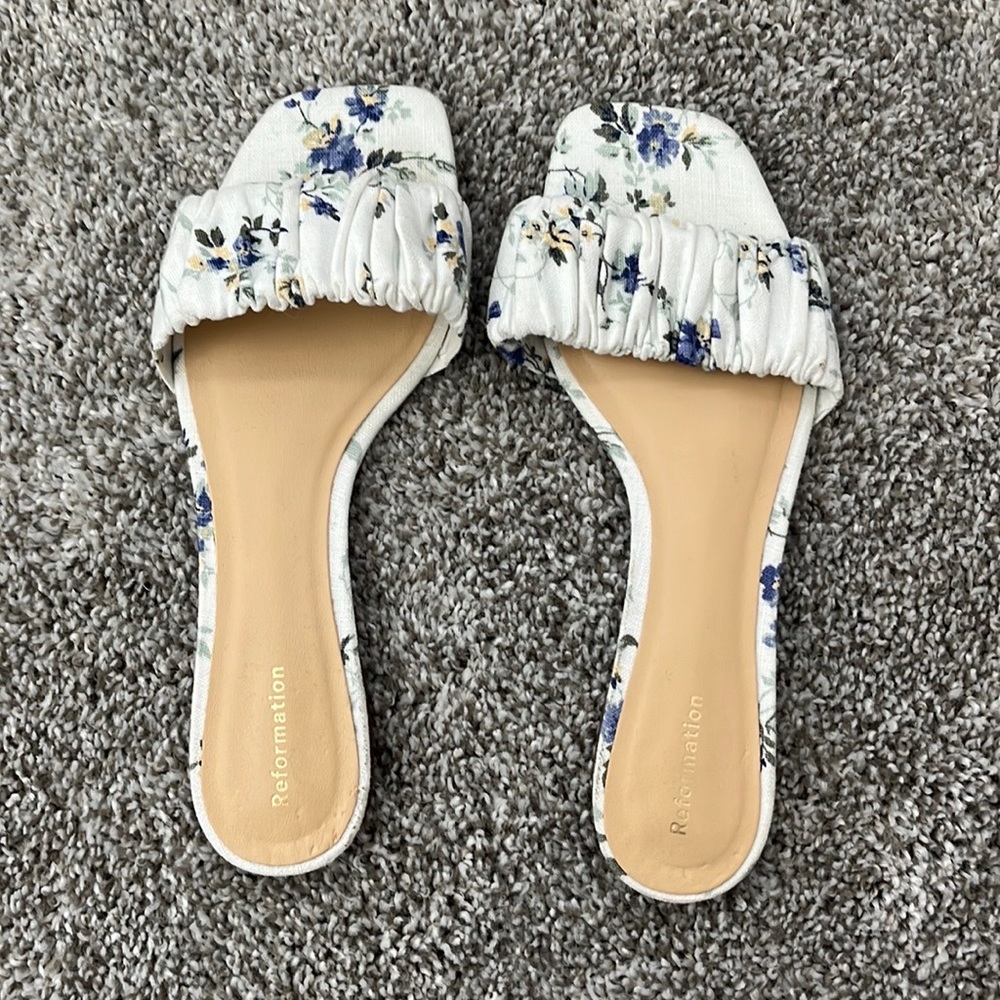 Reformation Floral Marcella Ruched Flat Slide Sandals in Madeline